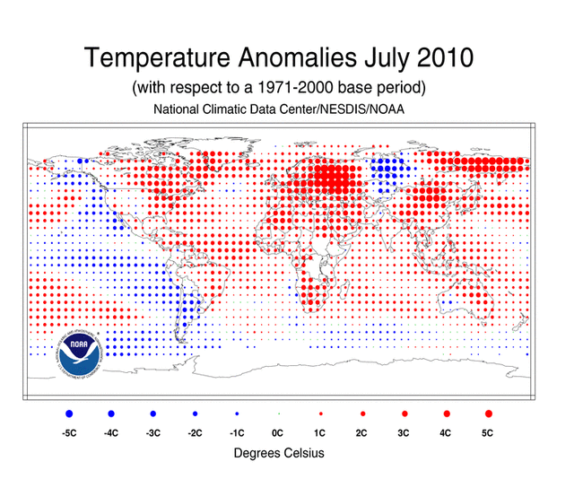 Le anomalie rispetto alle medie 1970-2000. In rosso, le aree piu calde