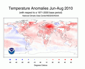 Le temperature nel trimestre giugno-agosto 2010. In rosso le aree piu calde della media (fonte NOAA)