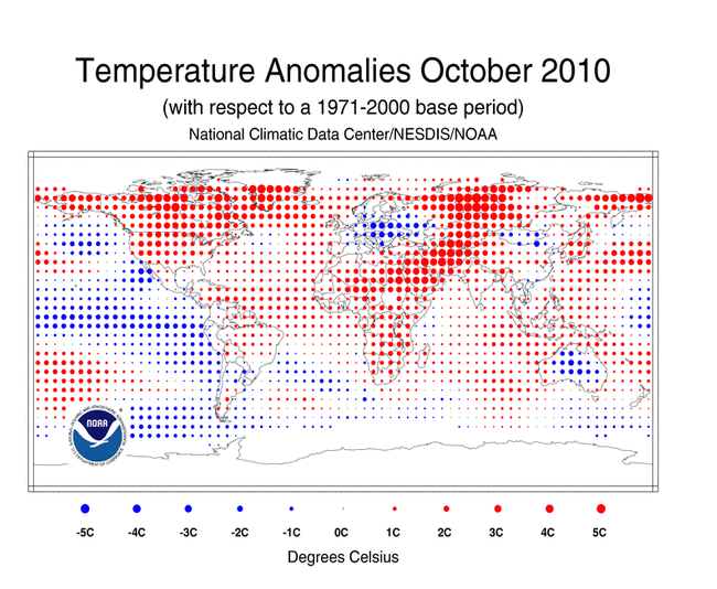 Le anomalie dell'ottobre 2010 rispetto alle temperature medie 1970-2000 (fonte NOAA)