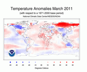 Le anomalie di temperatura nel marzo 2011. In rosso, le aree piu calde. (Fonte: NOAA)