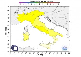 L'anomalia di temperatura in Italia nell'autunno 2011: nel Nord e in parte del Centro Italia siamo 1.5 gradi sopra le medie (Fonte Isac/Cnr)